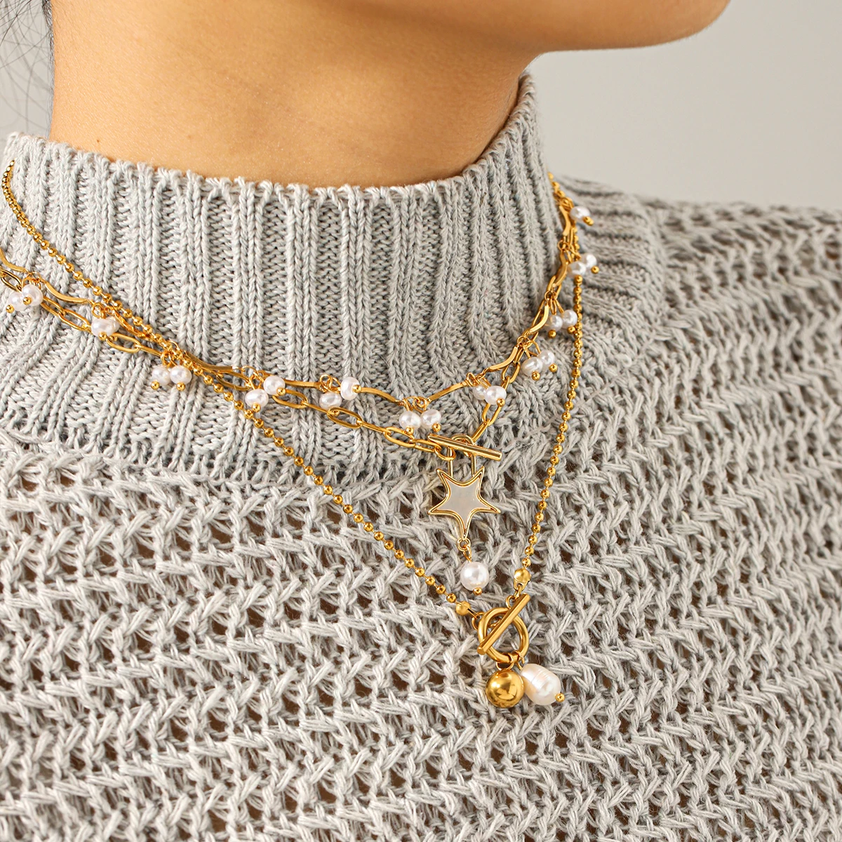 

Stainless Steel 18k Gold Plate Pearl Necklace For Women Layered Elegant Fashion Jewelry Adjustable Trendy Daily Wear Gift