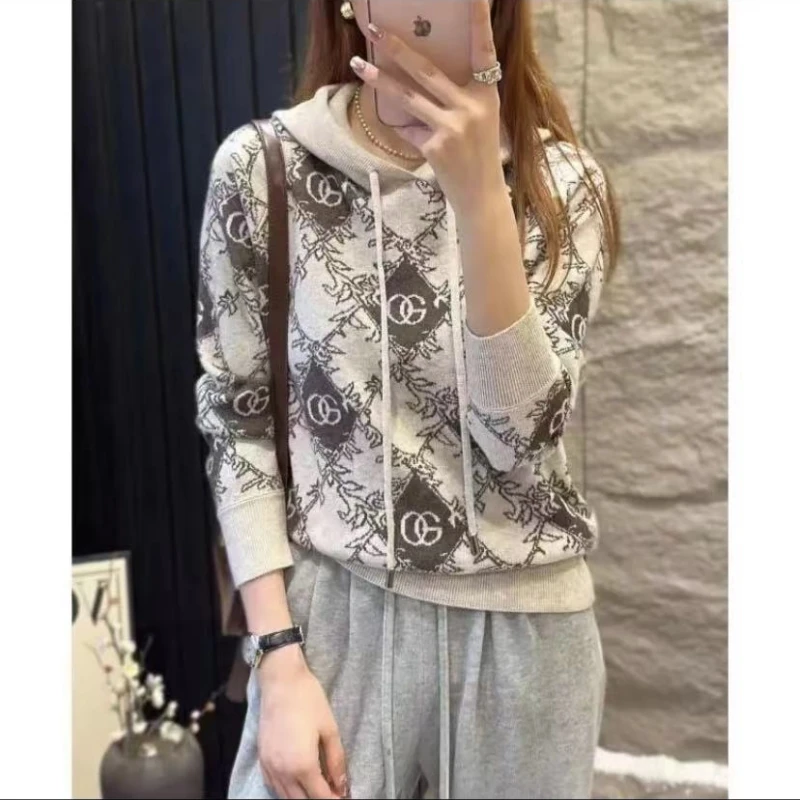 2023 Autumn winter New Jacquard hooded Cashmere Hoodie Women's Loose Jacquard Hooded Knitted Sweater