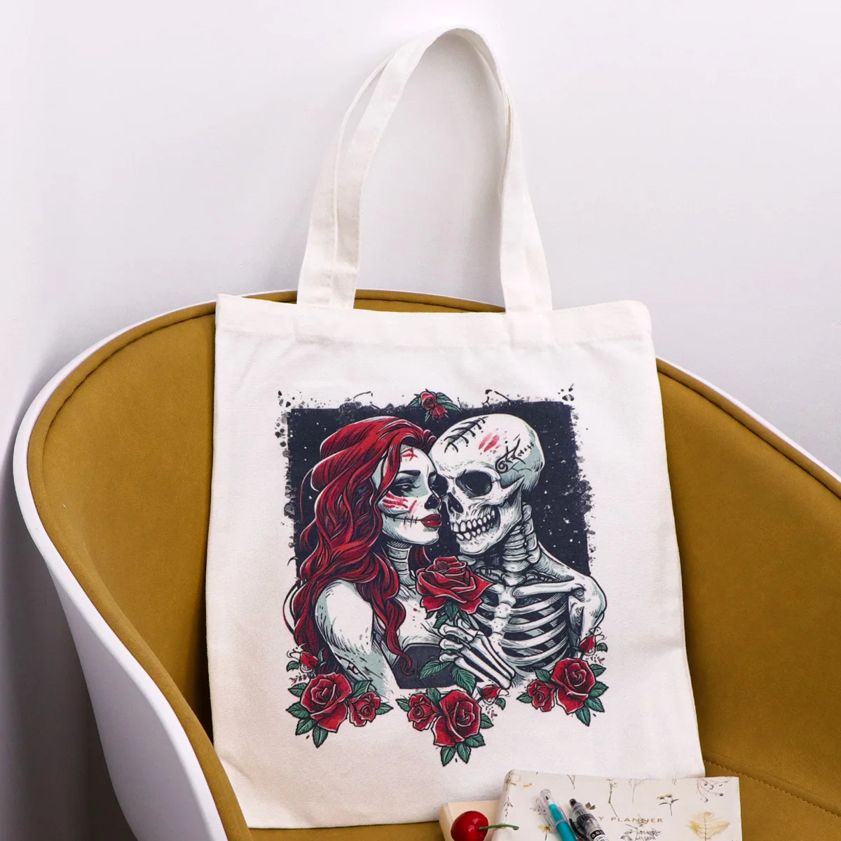 

Skeleton Flower Punk Canvas Tote Bag Shopping Bag Women's Handbag Casual Foldable Shoulder Bag School Handbag Couple Gift