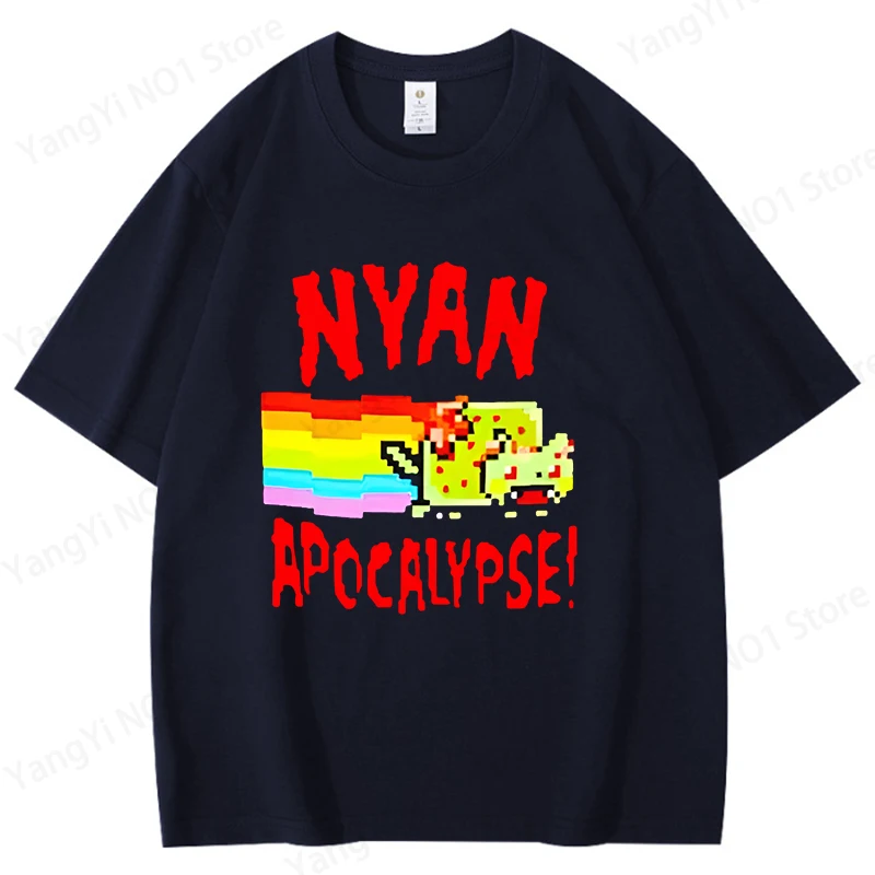 Camisetas com Estampa Nyan Apocalypse para Mulheres e Homens, Camiseta de Verão Nyan Cat Harajuku, Algodão, Gola Redonda, Manga Curta, Tops para Menin