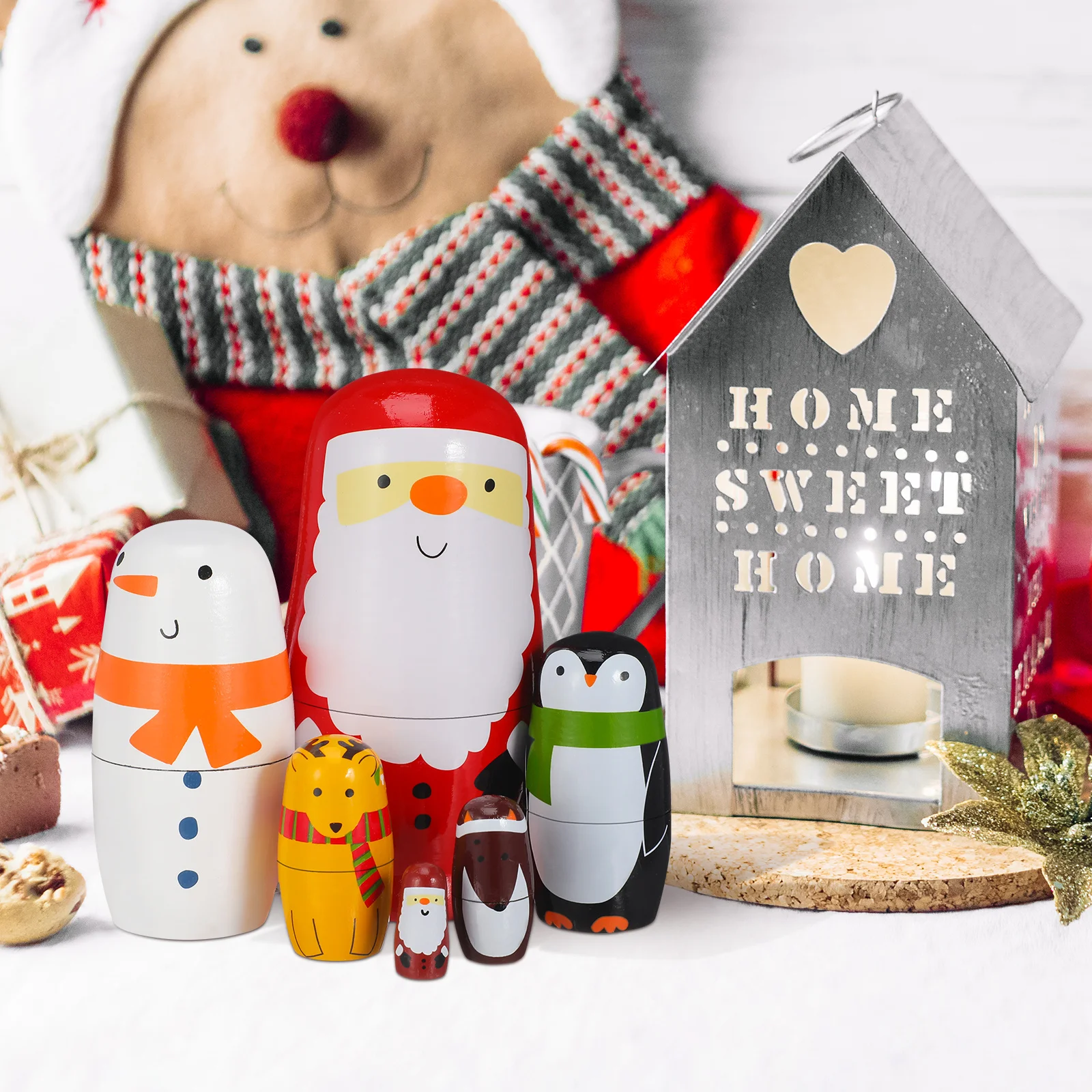 6 szt. Drewniane, lekkie i wytrzymałe ozdoby świąteczne w kształcie Mikołaja, idealne na specjalne okazje, zabawki do układania w stos.