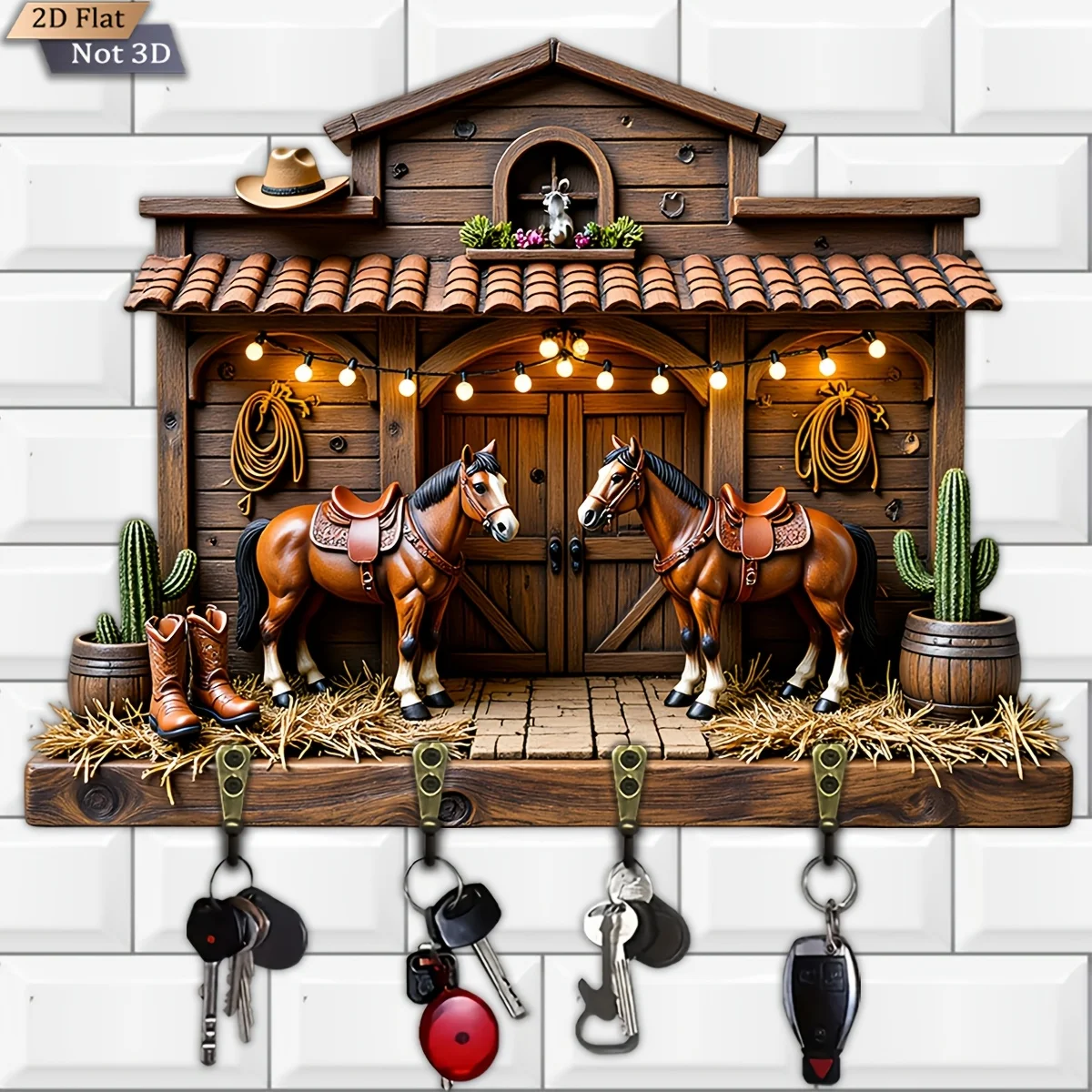 2D Flat, 1pc, Western Cowboy Theme Key Hook, Wooden Multi-Functional Home Key Hanger, Includes Four Metal Hooks, Wall