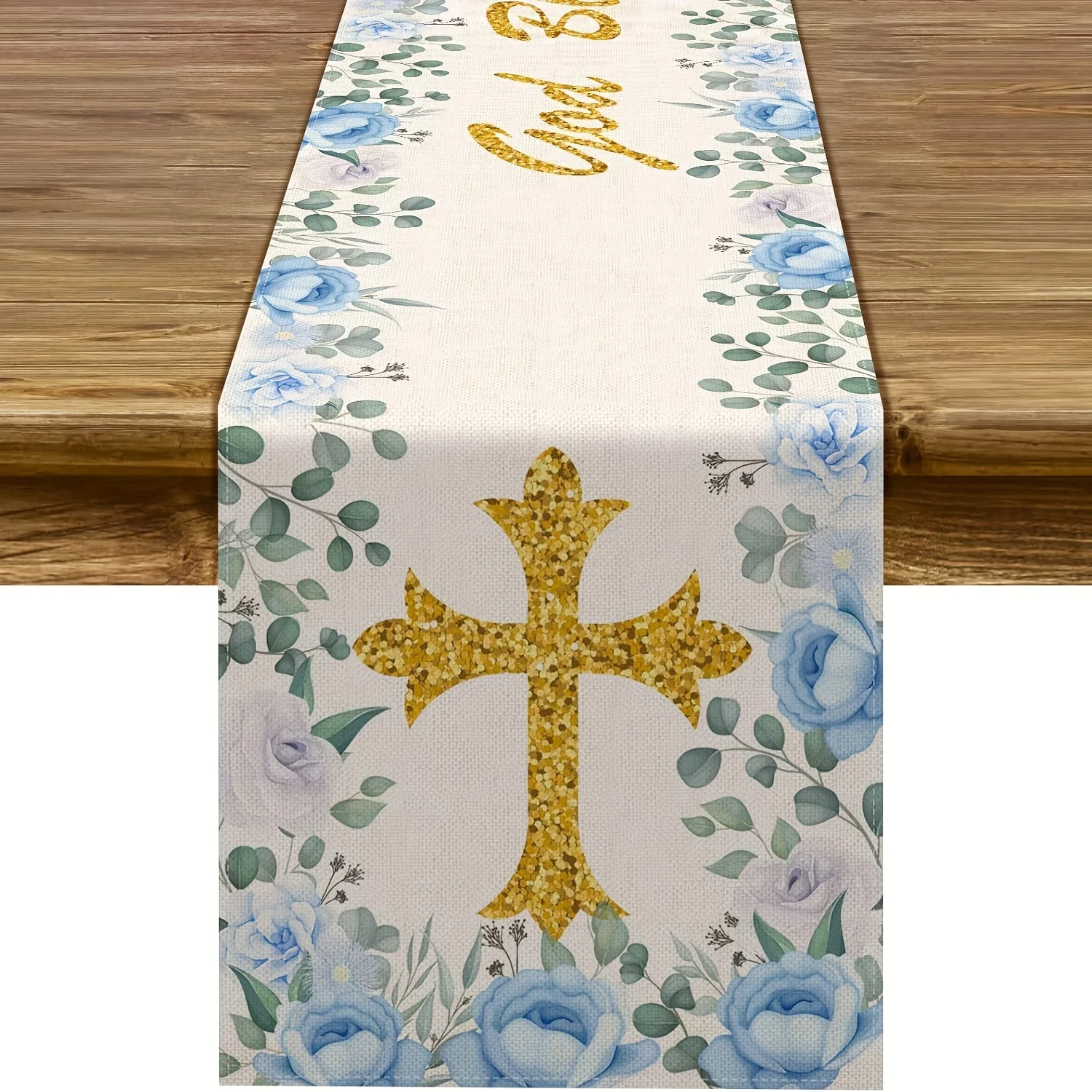 Baptism & First Communion Printed Table Runner, Religious Table Decor for Baby Shower, Church Altar and Sacred‑themed Table