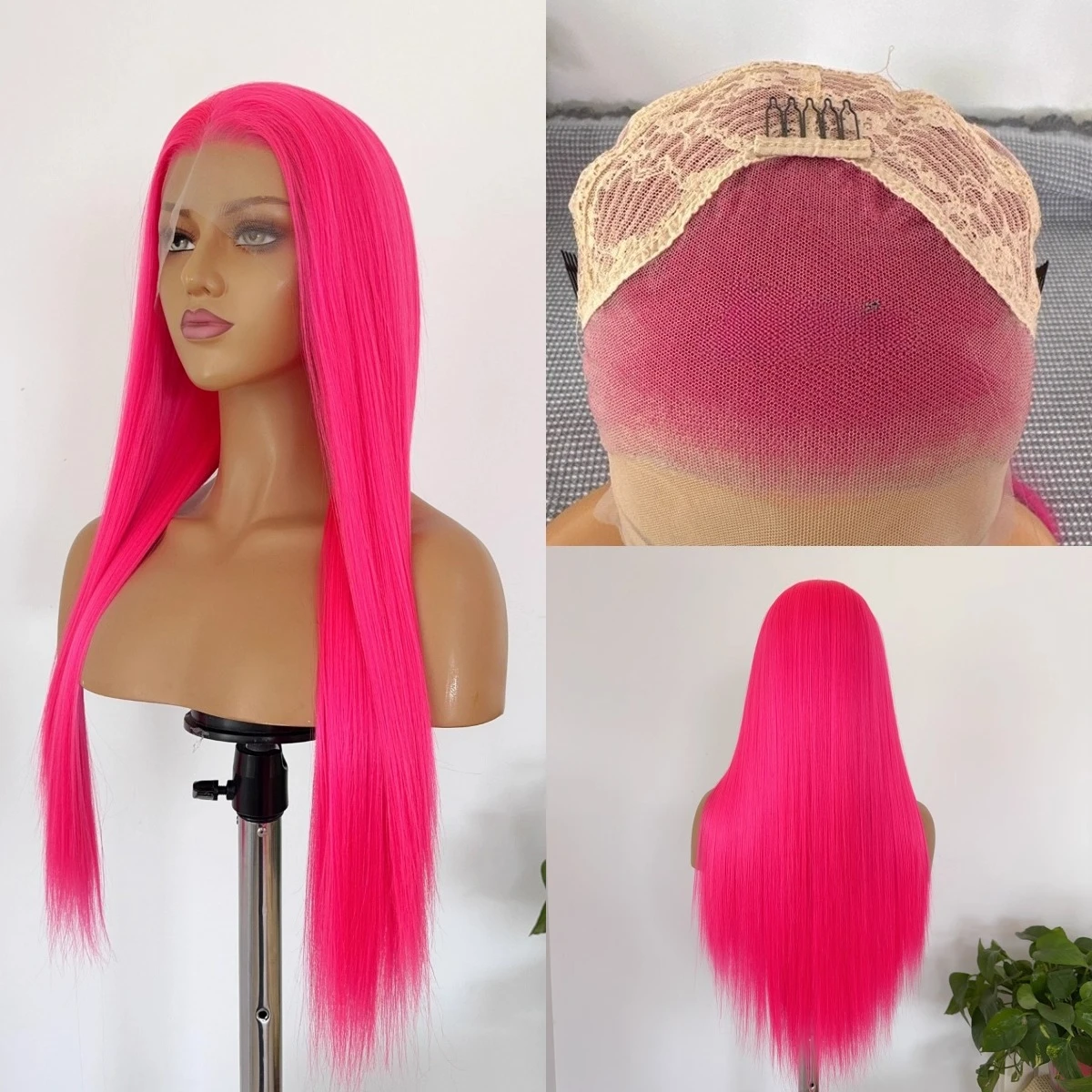 

Hot Pink Lace Front Wigs for Women 26 Inches HD Long Straight 13*4 Natural Frontal Lace High Quality Synthetic for Cosplay