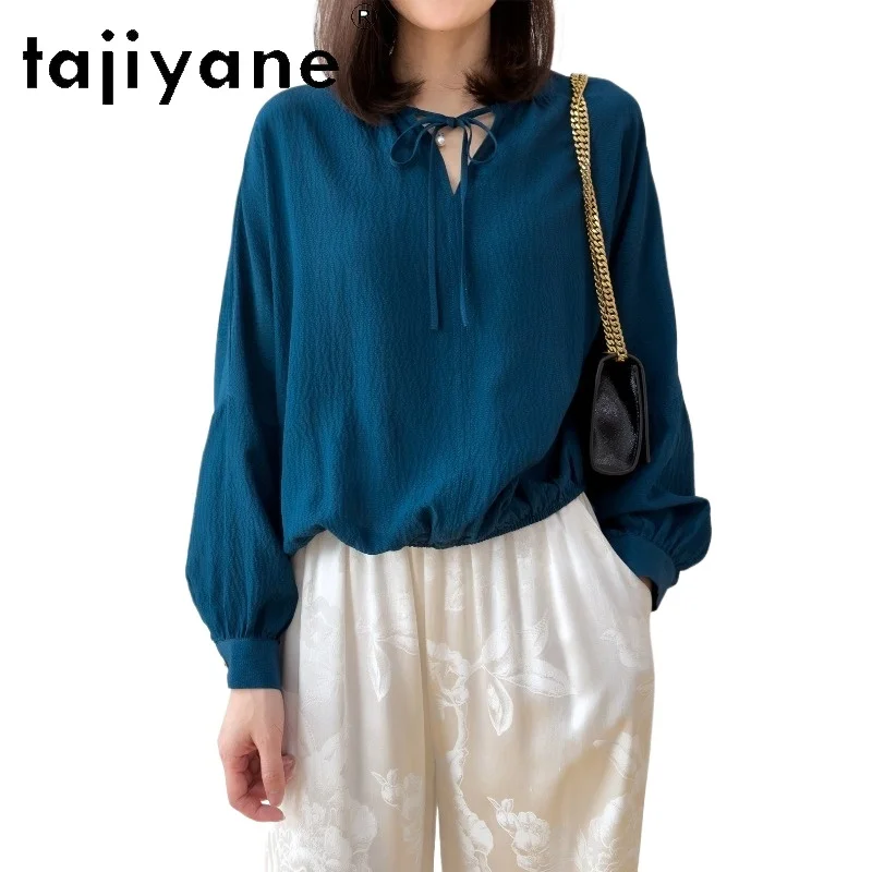 

TAJIYANE 100% натуральная шелковая рубашка из тутового шелкопряда, женская модная синяя свободная блузка с рукавами-фонариками, летние топы, новая женская одежда 2026, рубашка