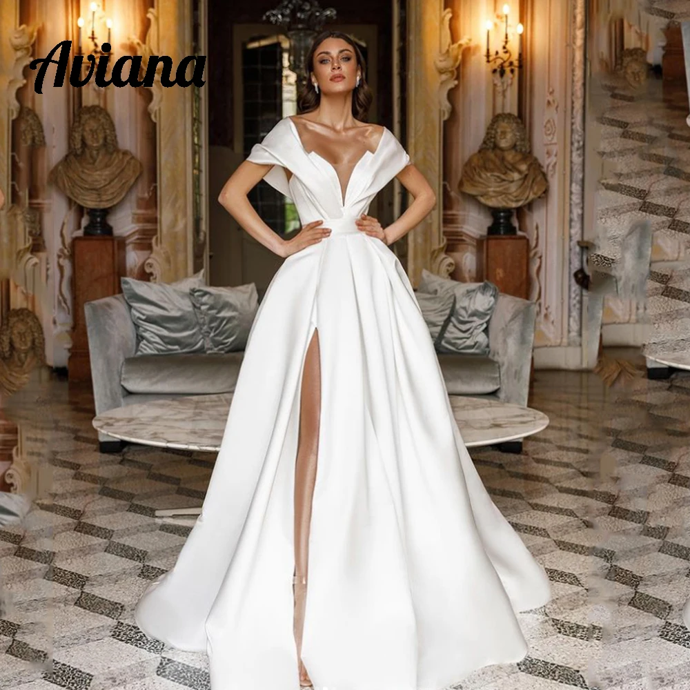 Aviana Modern Fashion Wedding Dresses Off The Shoulder Deep V-Neck A-Line Bridal Gowns Side Slit Vestido de novia Custom Made