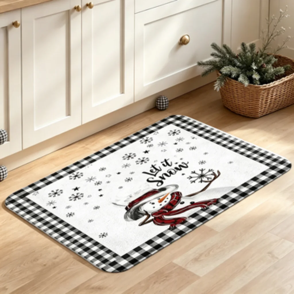 Black Line Christmas Tree Snowflake Mat, Colorful Gingerbread Man Long Runner, Minimalist Warm Winter Christmas Tree Doormat.