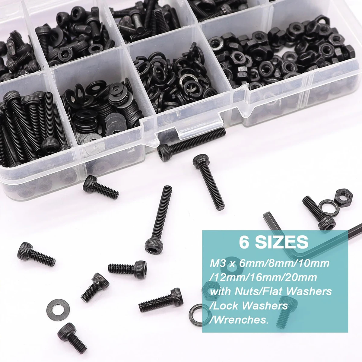 ชุดสกรูเหล็กอัลลอยด์เกรด 12.9 จำนวน 440 ชิ้น ขนาด M3x6/8/10/12/16/20 มม. พร้อมน็อตหัวหกเหลี่ยม แหวนรอง และน็อตแบบรวม