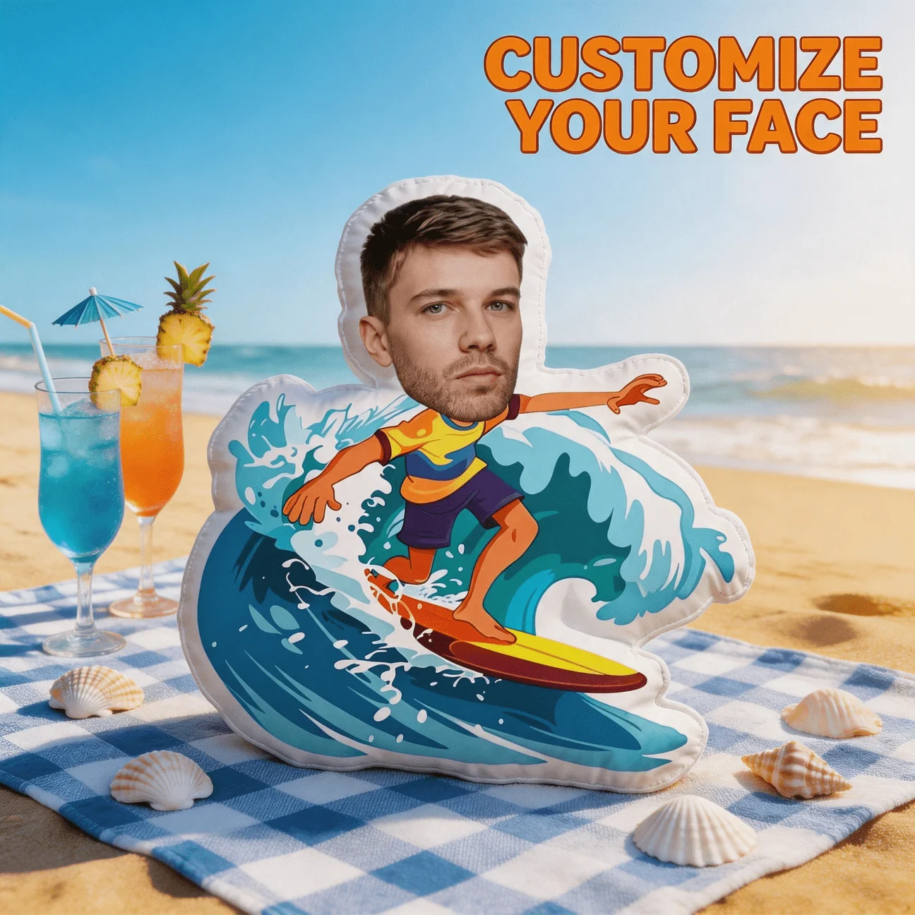 Custom Face Surfer Shaped Pillow, Personalized Photo Surfing Body Decorative Cushion, Unique Home Decor Accent for Sofa & Bedroo