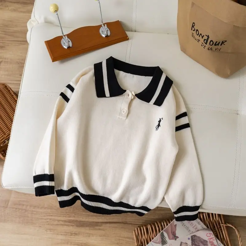 الأطفال التلبيب الفتيان قميص بولو الطفل المتوسطة وكبار السن محبوك سترة أواخر الخريف الشتاء سترة مطرزة بأكمام طويلة