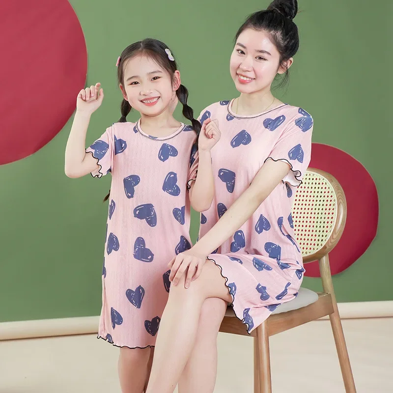 Mother-kids Night Dress Ice Silk Sleepwear for Girls Mother Daughter Matching Clothes Children Pajama Dress Women Nightdress