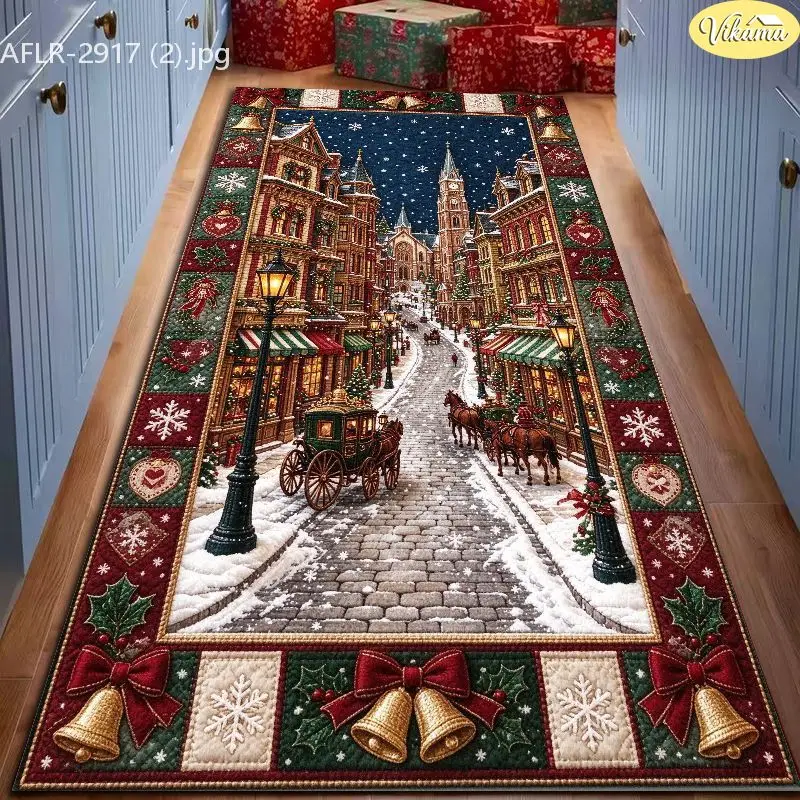 VIKAMA Vintage Xmas Town Street Scene Crystal Velvet Long Carpet Non Slip Floor Pad for Xmas Warm Cozy Decorative Home Decor