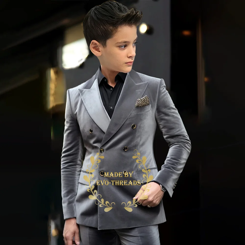 

Elegant velvet boy suit 2pcs gray double breasted jacket pants tailored fit kids clothing for wedding prom cocktail party tuxedo