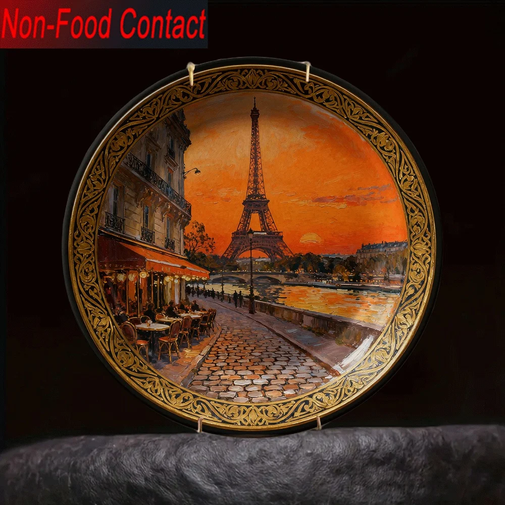 1 unidade Prato Decorativo de Cerâmica Torre Eiffel Paris - Decoração Redonda com Tema Francês para Parede/Mesa com Borda Dourada e Detalhes Franceses