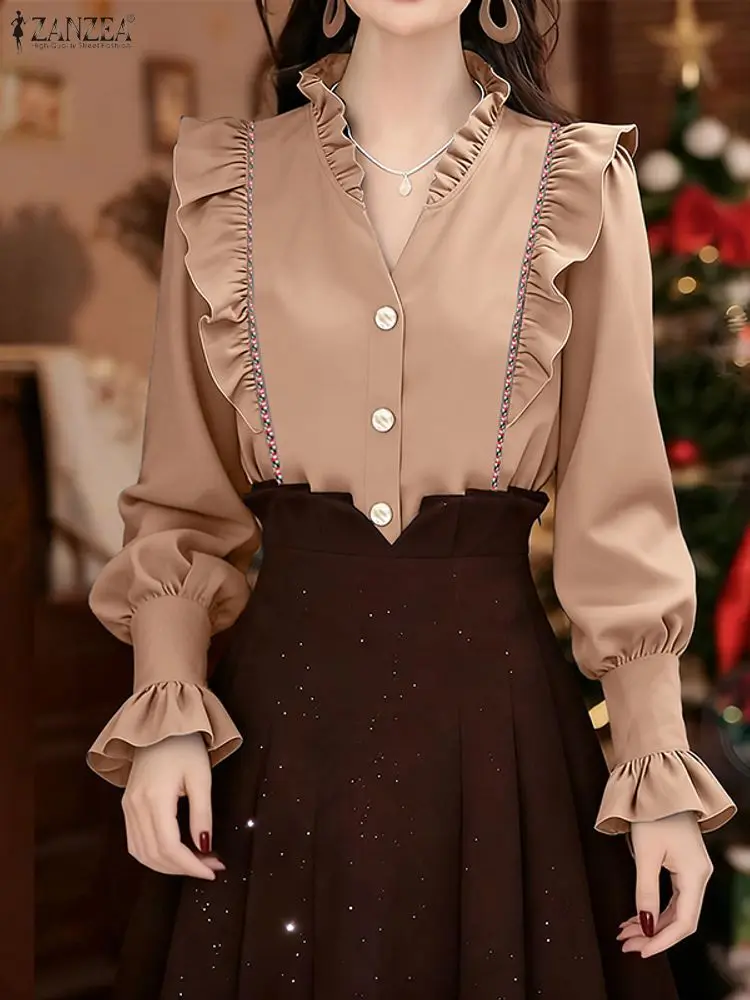 ZANZEA-camisas elegantes de oficina para mujer, blusa informal de manga larga con cuello en V, Tops tipo túnica a la moda, Blusas femeninas de trabajo 2025