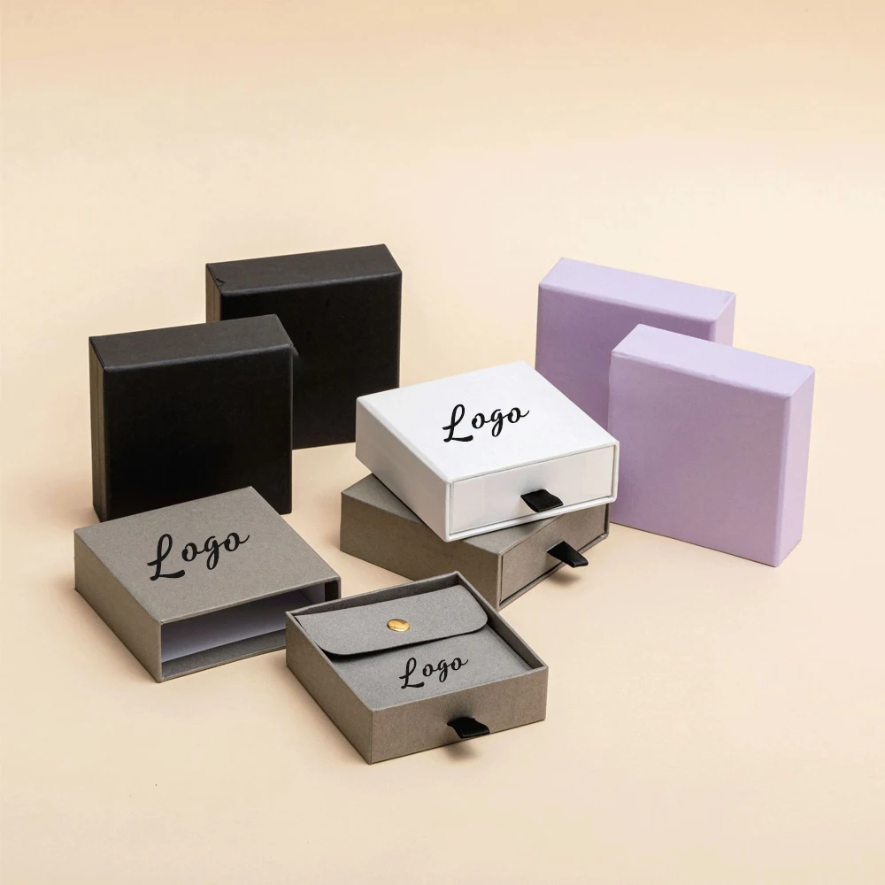 

50pcs Custom logo Black Jewelry Drawer Packaging Paper Box Bracelet Ring Earring Necklace Wedding Gift Boxes Snap Bag Pouches