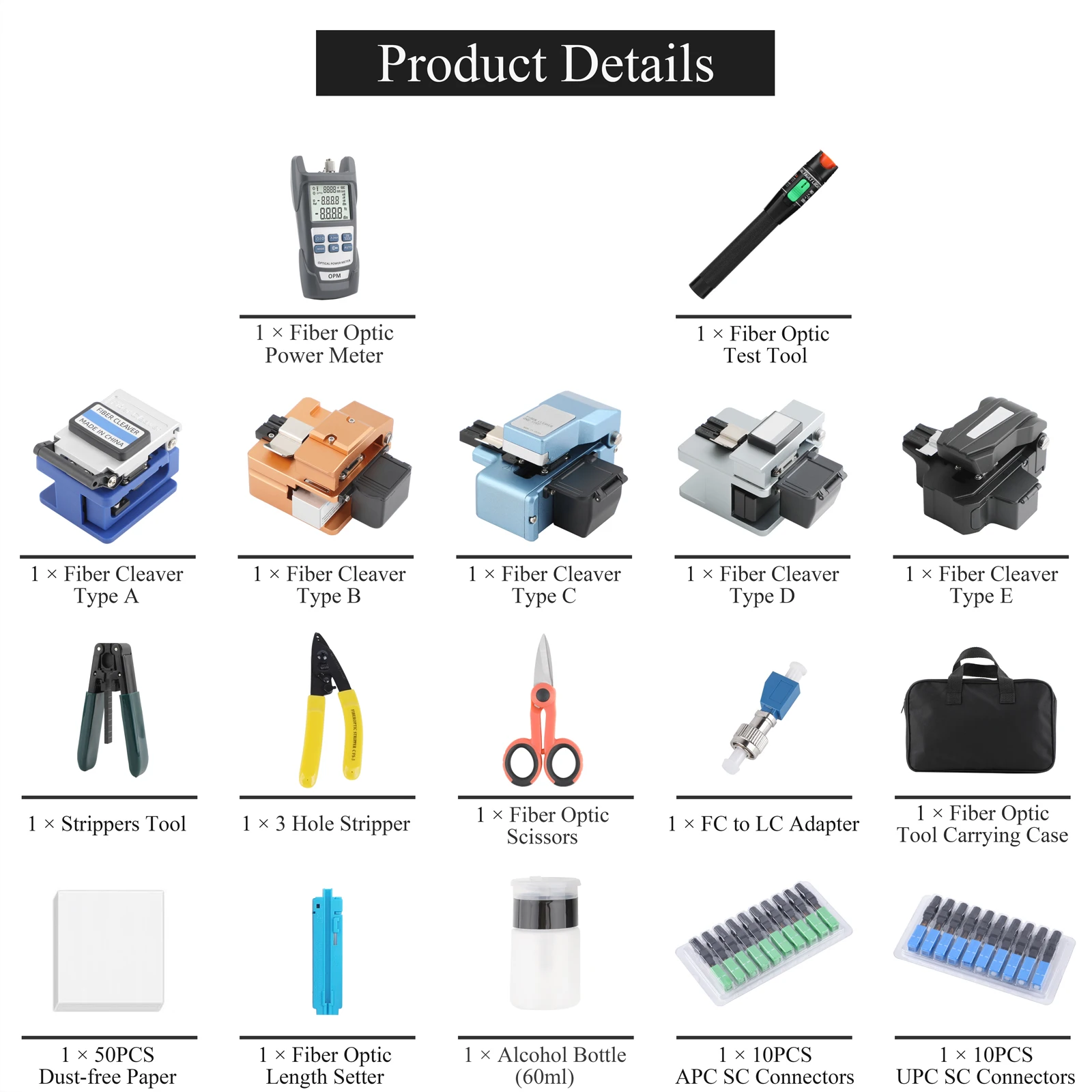 (10 في 1) تتضمن مجموعة أدوات اختبار إنهاء الألياف الضوئية: مقياس الطاقة الضوئية عالي الدقة من الألياف الضوئية وما إلى ذلك.