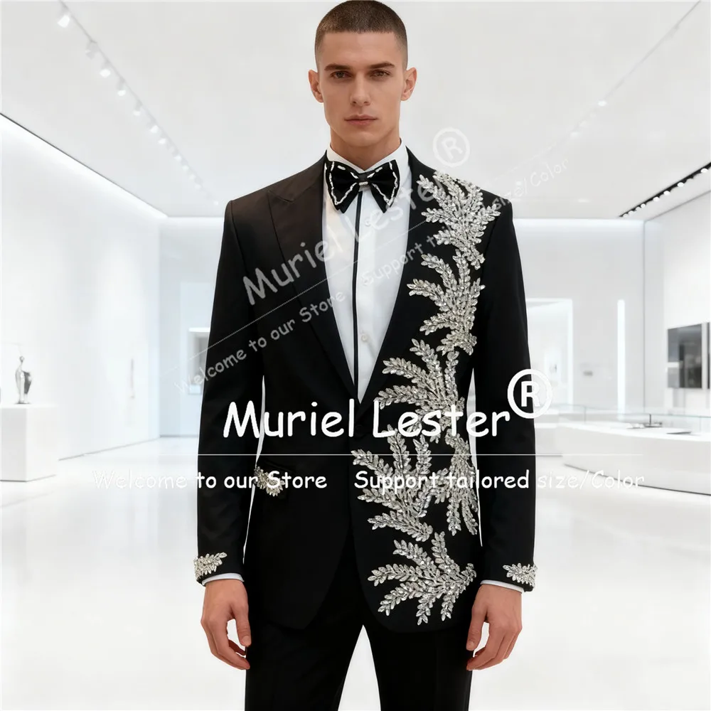 

Beaded Rhinestone Suit Attire For Men Customized Single Breasted Groom Blazers Fit Man Business Party Blazer trajes para hombre