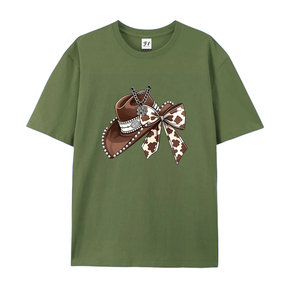 Women Cowgirl Cow Print Bow Cowboy Hat Graphic T Shirt Summer O Neck Short Sleeve Western Pearl Chain Pendant Print Soft Casual