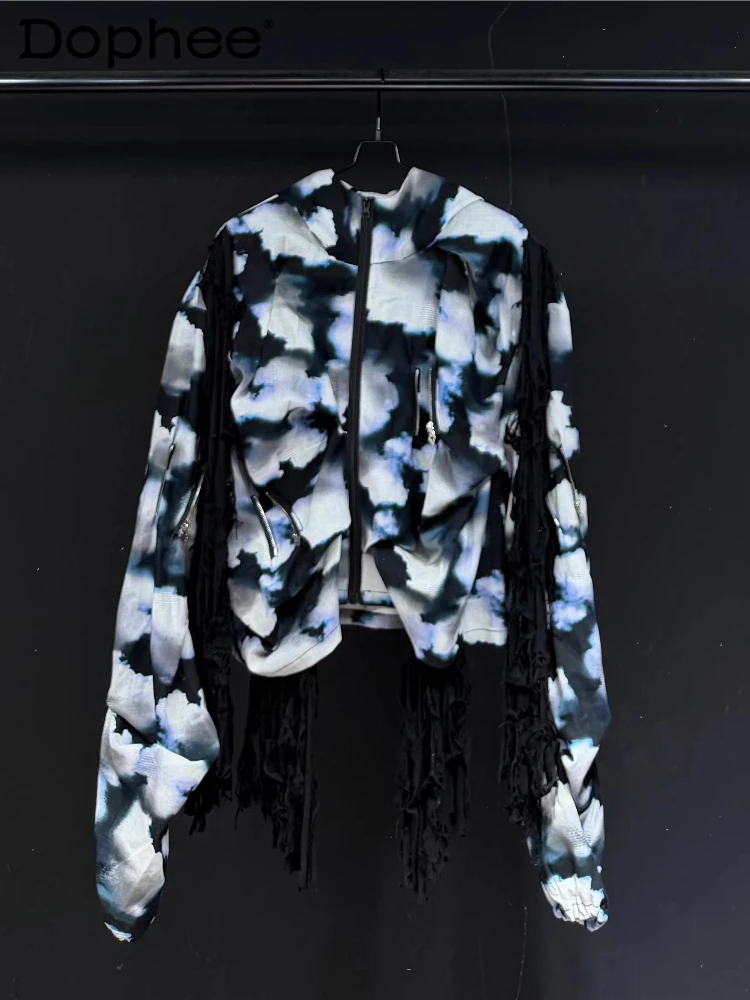 

Fashion Tie-dye Hooded Jackets Men's Women's 2026 Spring New Loose Comfort Tassel Design Coats Handsome Unique Hoodies Jackets