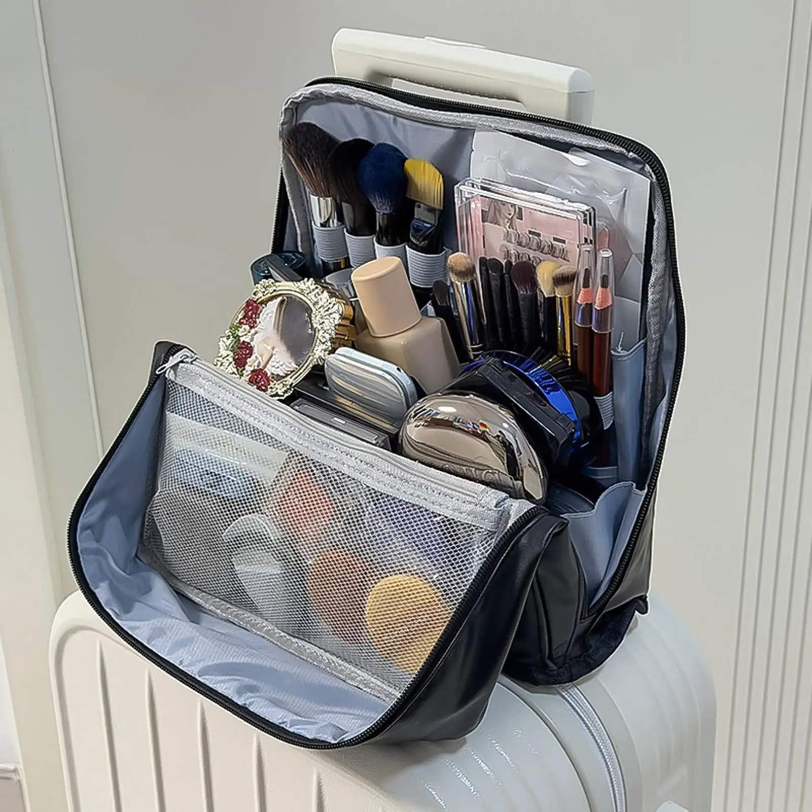 Stand Up Makeup Bag Waterproof Large Capacity Zipper Organizer Portable Wide-Open Cosmetic Bag with Compartments for Women Girls
