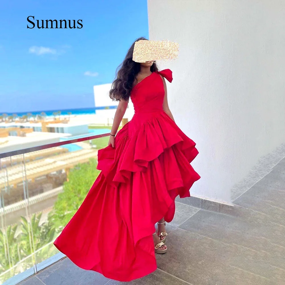 

Sumnus Red One Shoulder Evening Dresses Vestidos de Fiesta Ruffles Satin Asymmetric Event Party Gowns Floor Length Prom Dress