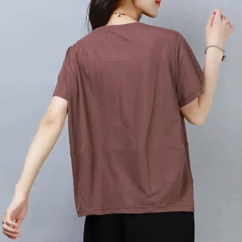 Korean Commute 2024 Summer New Pure Cotton T-shirt Women's Solid Round Neck Patchwork Embroidered Short Sleeve Loose Casual Tops