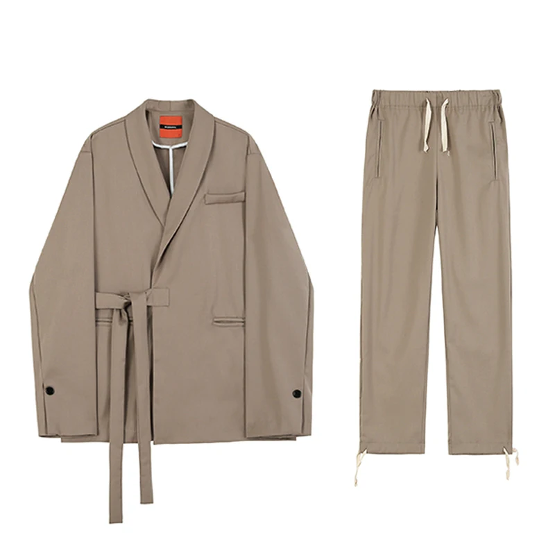 IEFB Korean Trend Men\'s Cotton Suit Coat Loose Casual Bandage Belt Blazers 2023 New Autumn Blazer Khaki Men\'s Clothing
