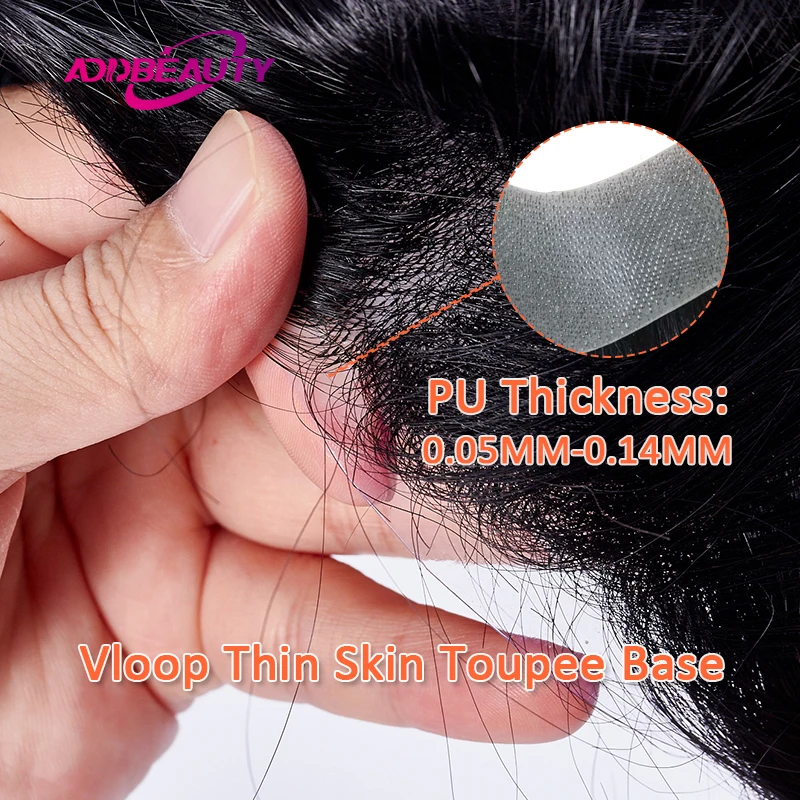 Línea de cabello humano Vstyle para hombre, piel fina, toupee indio, peluca de cabello humano, PU completo de 0.08mm, frente en V, sistema de cabello natural, pieza 3