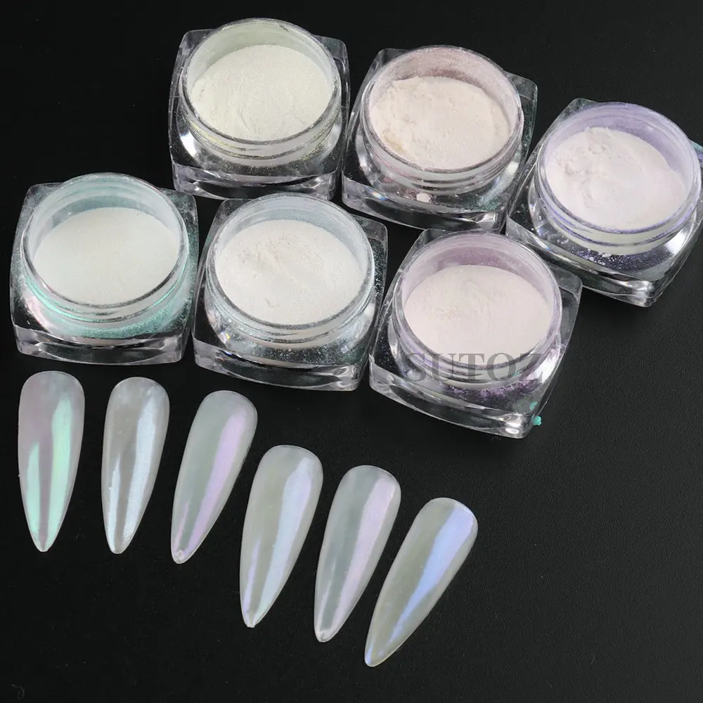 Polvo de uñas de perla cromada blanca, polvo de frotamiento de sirena Aurora, purpurina para arte de uñas, efecto espejo, decoraciones de manicura, LEBY459