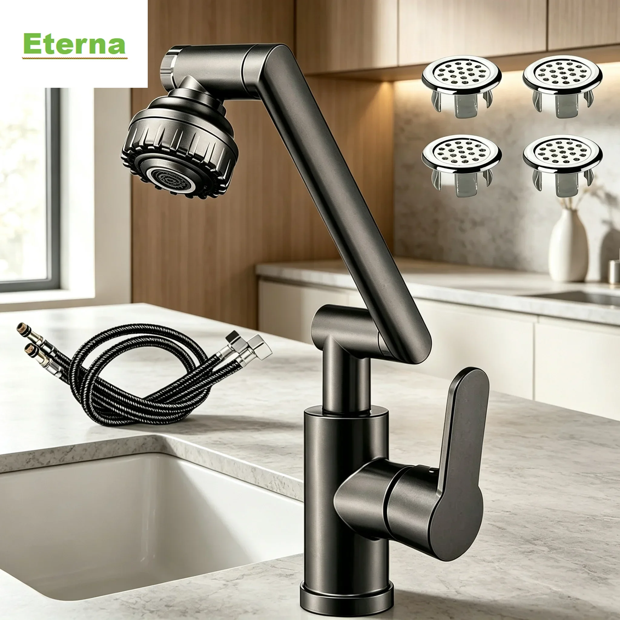 Matte Stainless Steel Kitchen Sink Faucet 720° Rotation Hot Cold Tap with 2 Pcs Water Hoses & 4Pcs Basin Overflow Rings