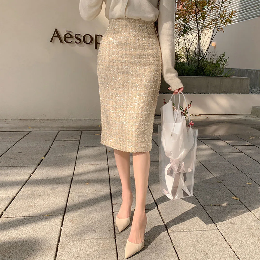 Small Fragrant Wind 2023 Autumn New Tweed Skirt Office Lady Mid-length High Waist Business Plaid Elegant Bag Hip One Step Skirt