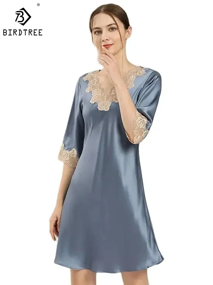 

Birdtree 100%Real Silk Nightgown for Women, Half Sleeve Lace Embroidery, Elegant Natural Pajama Dress, 2024 Spring New P410101QM