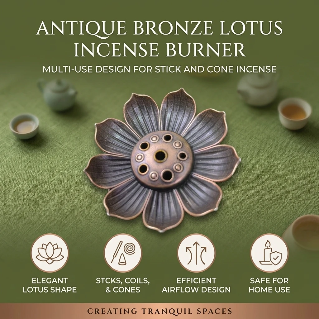 Brass Alloy Incense Burner for Home Meditation Adults Antique Lotus Holder 3-in-1 Stick Coil Cone Censer Durable Retro