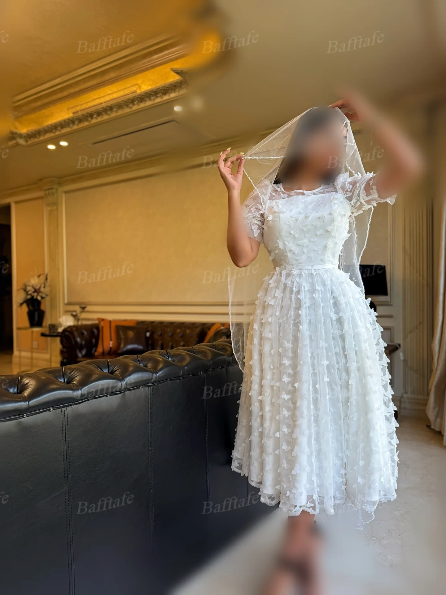Bafftafe Ivory Butterfly Lace Customized Wedding Dresses Short Sleeves Bridal Gowns O-neck Midi Bride Wedding Photography Dress