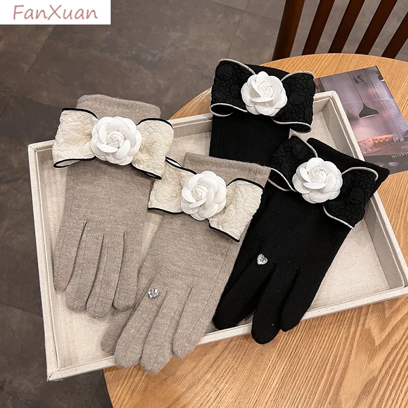 エレガントな冬用手袋女性用大きなリボン結びフラワーグローブブラックカーキプラッシュ裏地暖かい屋外用