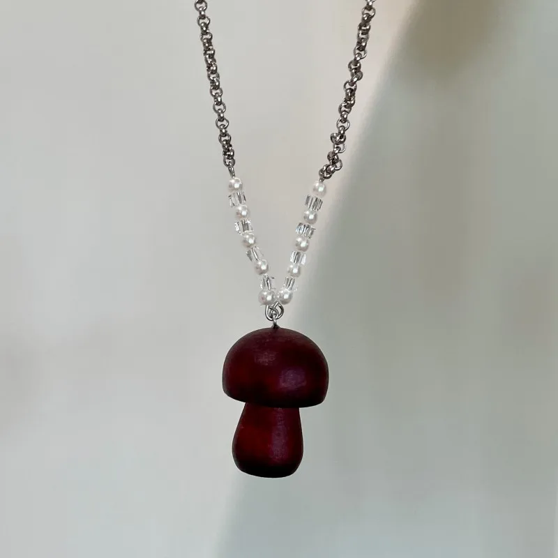 

Minar Funny Natural Wood Cartoon Mushroom Crystal Imitation Pearl Strand Pendant Necklaces for Women Silver Plated Sweater Chain