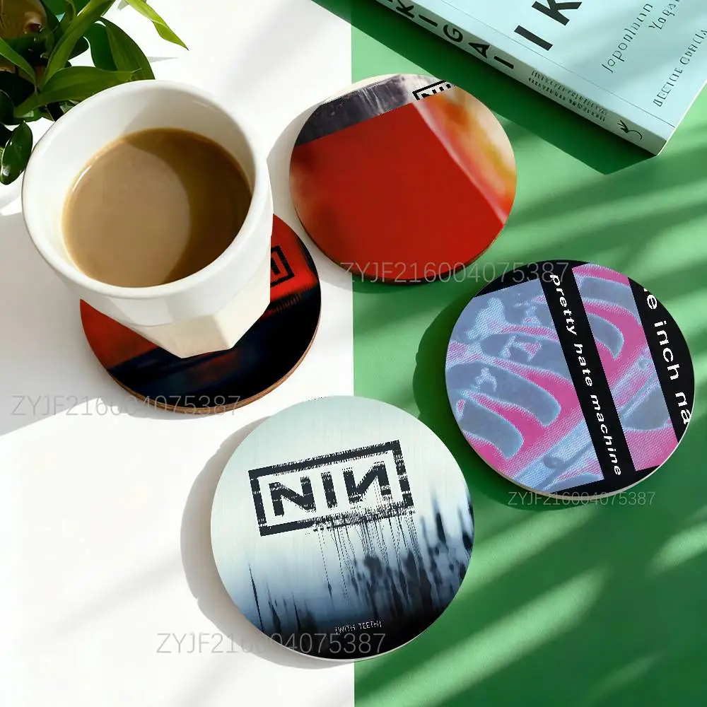 

N-Nine Inch Nails The Fragile Round Wooden Coasters Heat Resistant Non-slip Drink Cafe Decoration Flat Color Print Coasters Set
