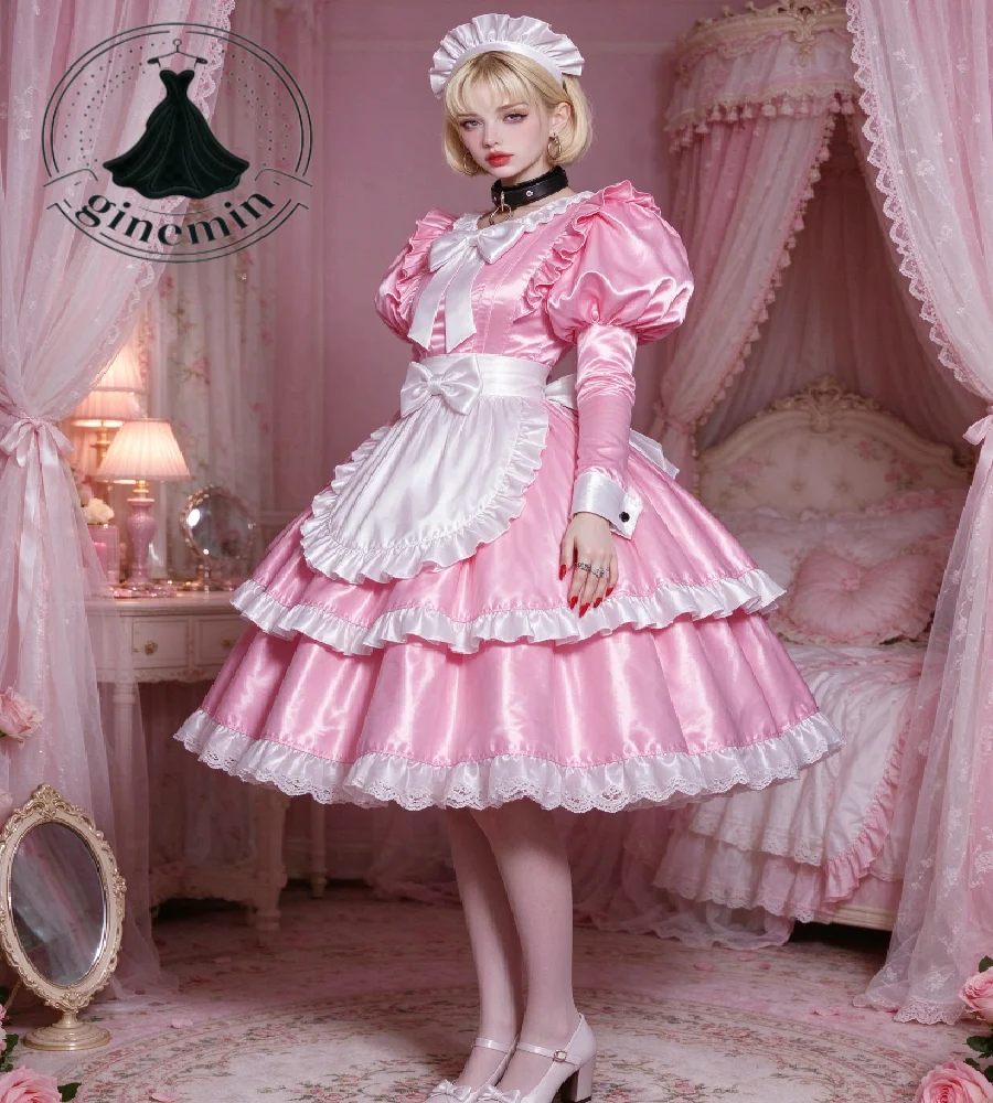Fancy Pink Satin Maid Prom Dress 2027 Long Sleeve Ruffle Tiered White Apron Cosplay Costume Evening Gown Tea Party Carnival