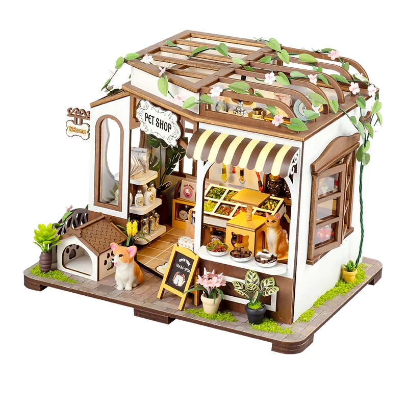 NEW DIY Wooden Pet Shop Casa Miniature Building Kits With LED Lights Assembled Doll Houses Home Decoration Friends BirthdayGifts