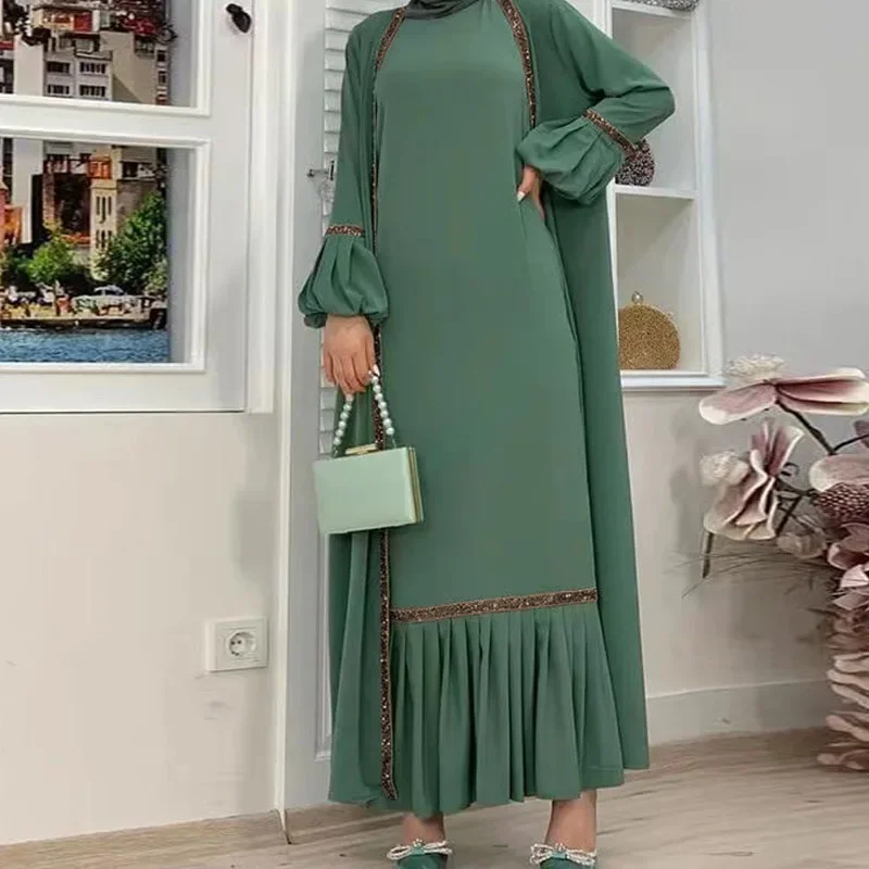 Eid Moslim Abaya Vrouwen Jurk 2-delige Set Gebed Marokko Caftan Ruche Abaya Toga Dubai Arabische Kimono Vest Gewaad Uitloper