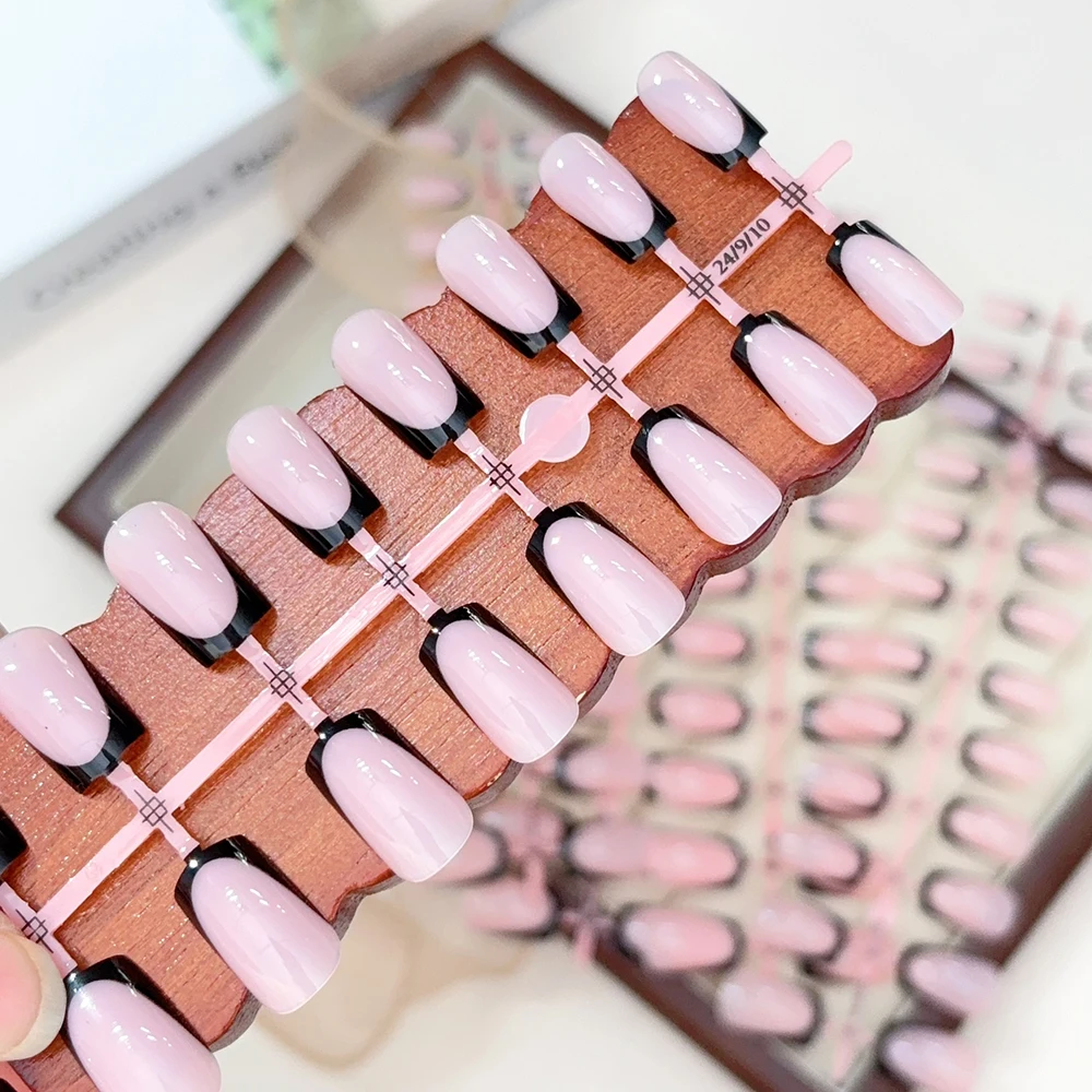 120 Uds. Uñas postizas de punta francesa con borde negro brillante, 12 tamaños, longitud media, prensa cuadrada en uñas, acabado de cobertura completa brillante, punta de uñas falsa