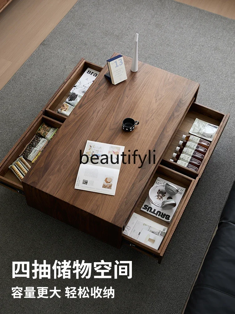 

v North American black walnut solid wood coffee table Nordic simple living room storage drawer tea table