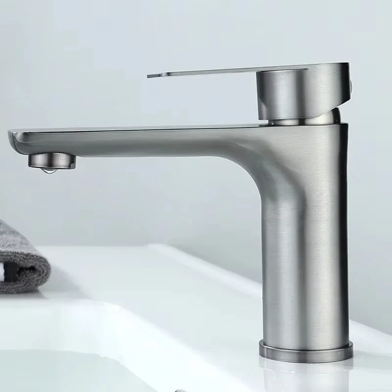 

Single Handle Gray Brushed Basin Faucet 304 Stainless Steel Hot Cold Mixer Countertop Mount Bathroom Sink Faucet