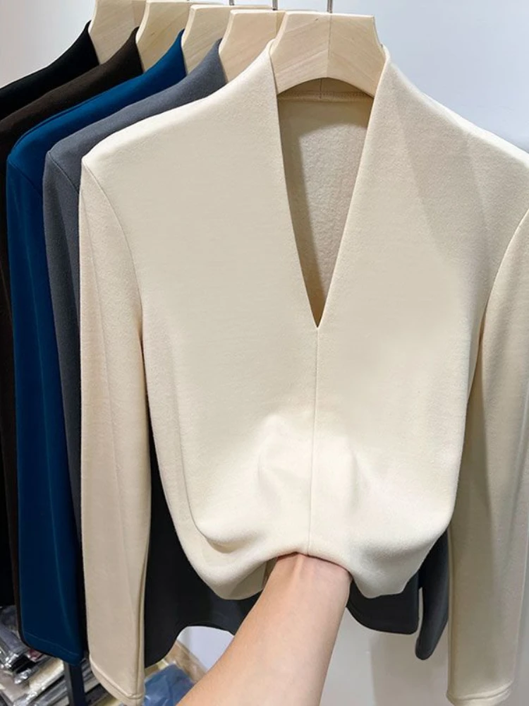Long Sleeve Casual T-shirts Women Spring V-neck Slim Warm Korean Style Simple Fashion Solid Fit Streetwear All-match Elegant