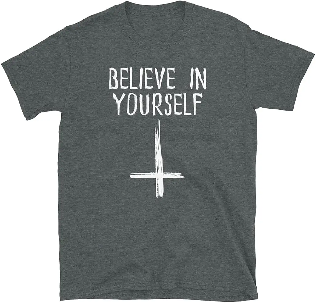 Believe in Yourself Upside Down Cross Funny Atheism T-Shirt  Anime Graphic T-shirts for Unisex Summer Short Sleeve