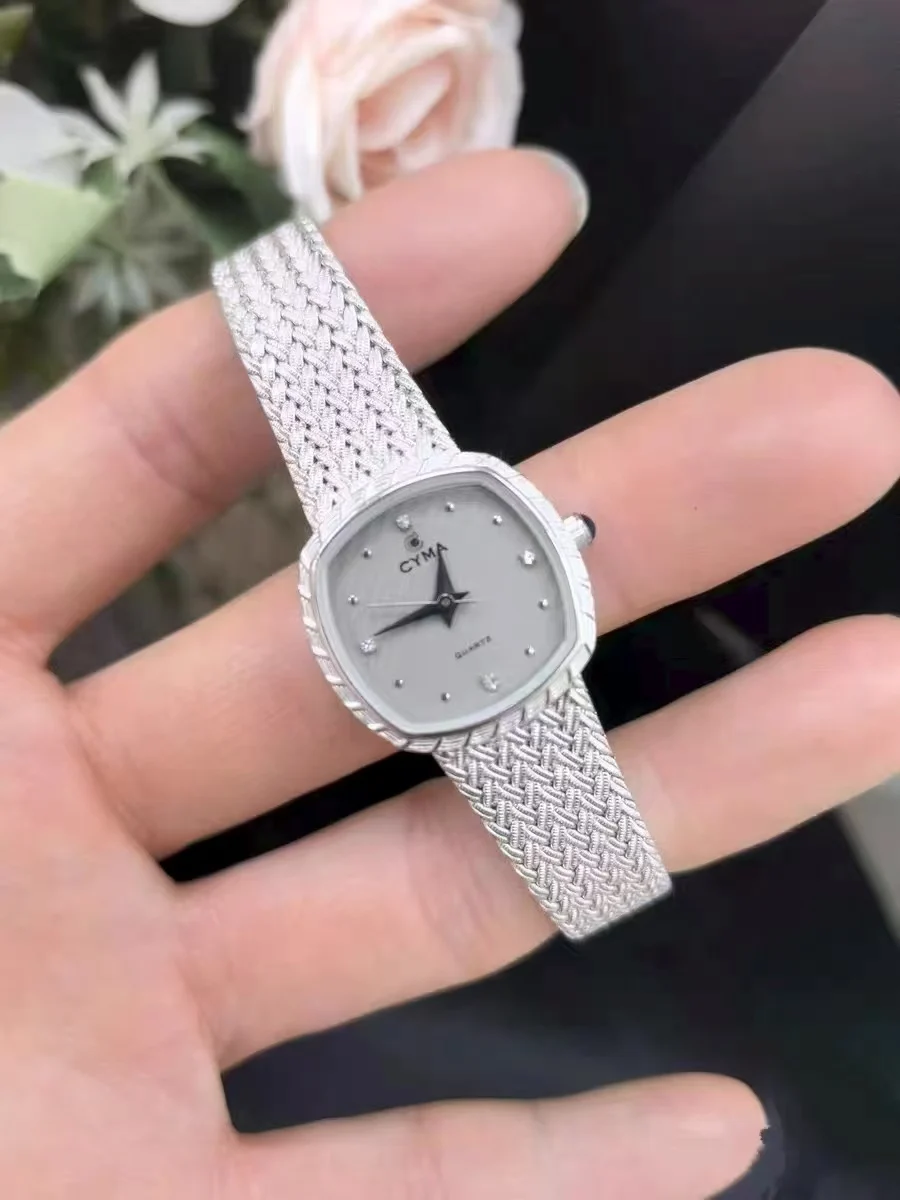 Reloj de pulsera para mujer Cyma con cadena trenzada vintage de 2015, diseño Slash Dark Grain, cuarzo pequeño cuadrado