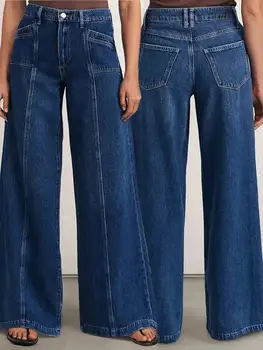 "Women’s Deep Blue Wide Leg Jeans - Stylish Denim Trousers for Comfort and Versatility