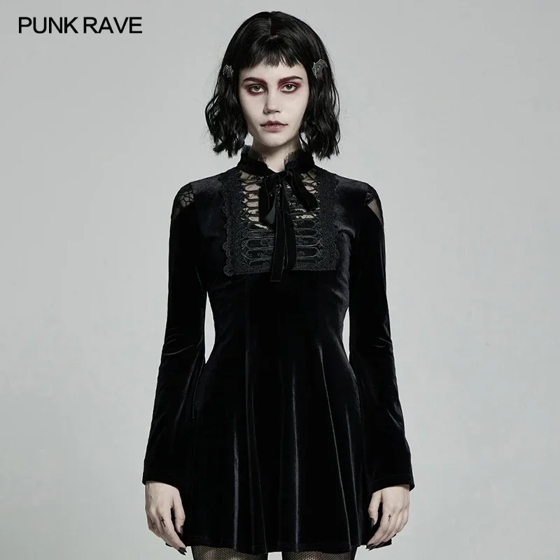 PUNK RAVE Women's Gothic Daily Dress Gorgeous Retro Knitted Velvet Lace-up Lace Collar Micro-horn Cuffs Party Dinner Dresses