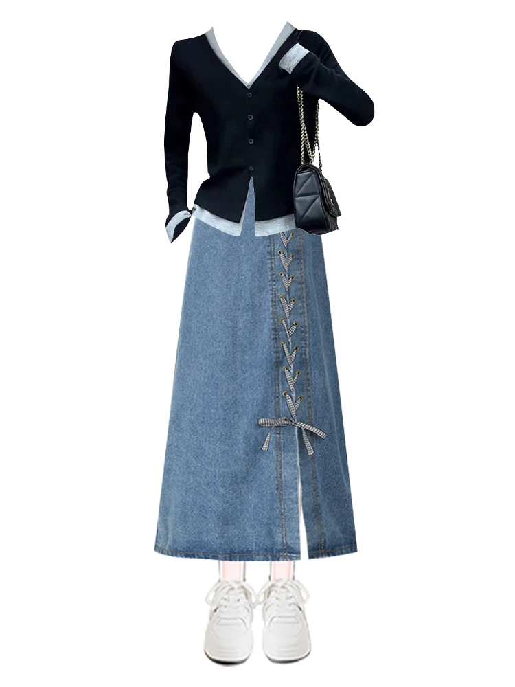 Women's Button-Up Long Sve T-irt And Denim Skirt Set Slim Fit V-Ne Faionable Korean Sle Autumn Outfit Two-Piece Suit